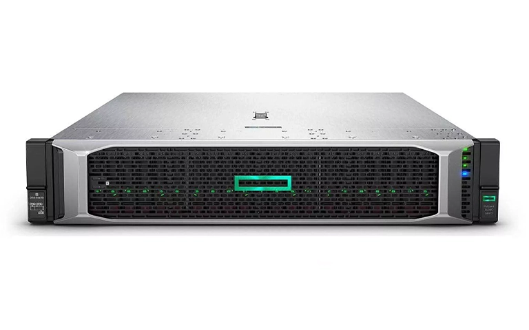 Front view of a Hewlett Packard Enterprise (HPE) rack-mounted server with status LEDs illuminated.