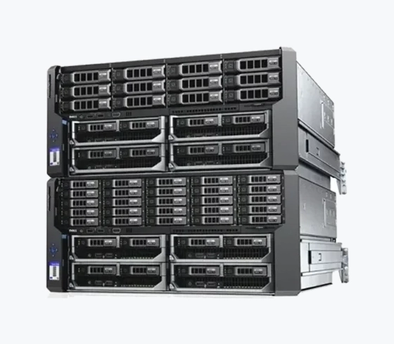 Stack of enterprise-grade rack servers with multiple drive bays and front control panels.
