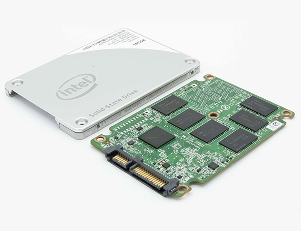 Disassembled Intel solid-state drive showing the internal circuit board and outer casing.