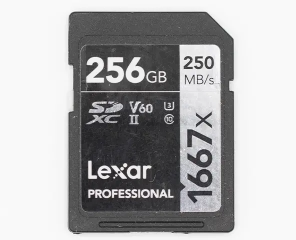 Lexar Professional 1667x 256GB SDXC UHS-II memory card with a read speed of up to 250 MB/s.