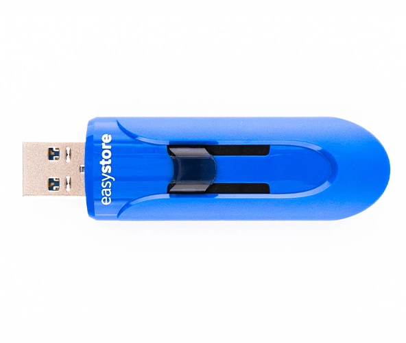 Blue easystore USB flash drive with a retractable connector design, used for portable data storage and transfer.