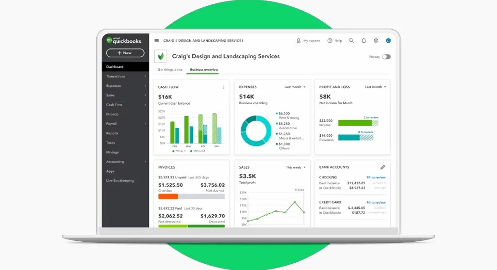 Laptop screen showing the QuickBooks dashboard for Craig’s Design and Landscaping Services with financial metrics including cash flow, expenses, and sales