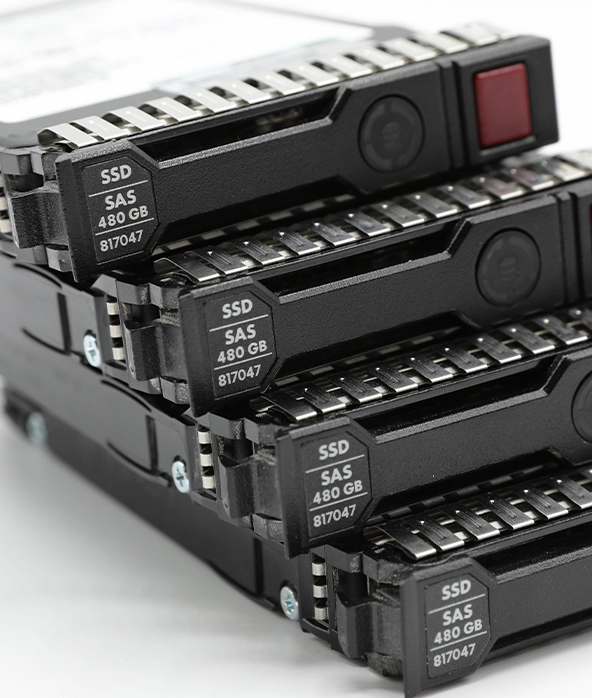 Stack of four enterprise-grade 480GB SAS SSDs with hot-swappable trays, typically used in data center servers or SAN environments.